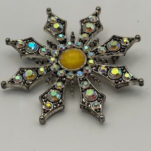 KC Kenneth Cole Silver Snowflake Brooch with Yellow Cabachon Retired